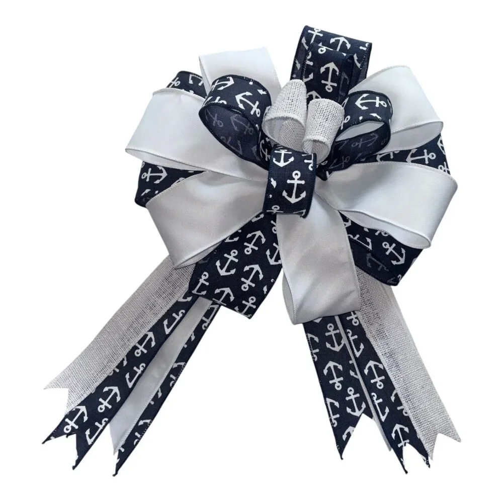 12‑Inch Nautical Anchor Bow | Navy & White Coastal Wreath Bow | Beach House